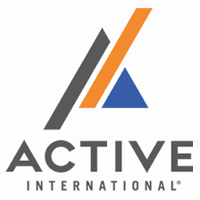 Logo of Active International with a stylized A shape in gray, orange, and blue