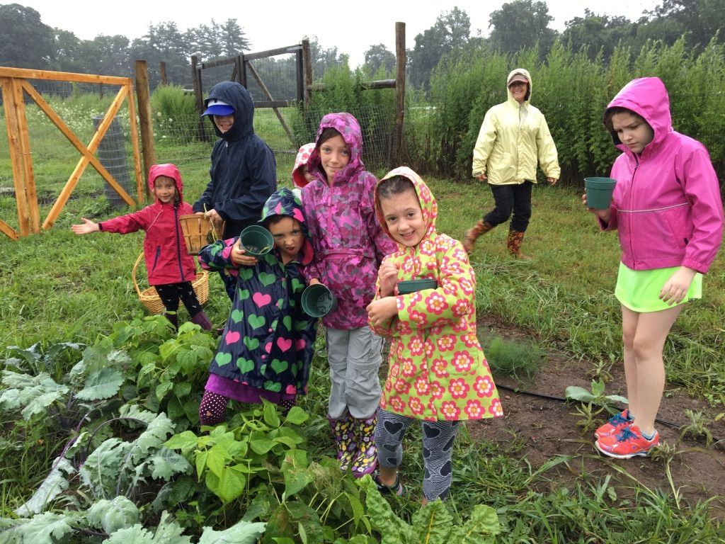 Children in raincoats pose in a garden, holding small containers, next to plants.