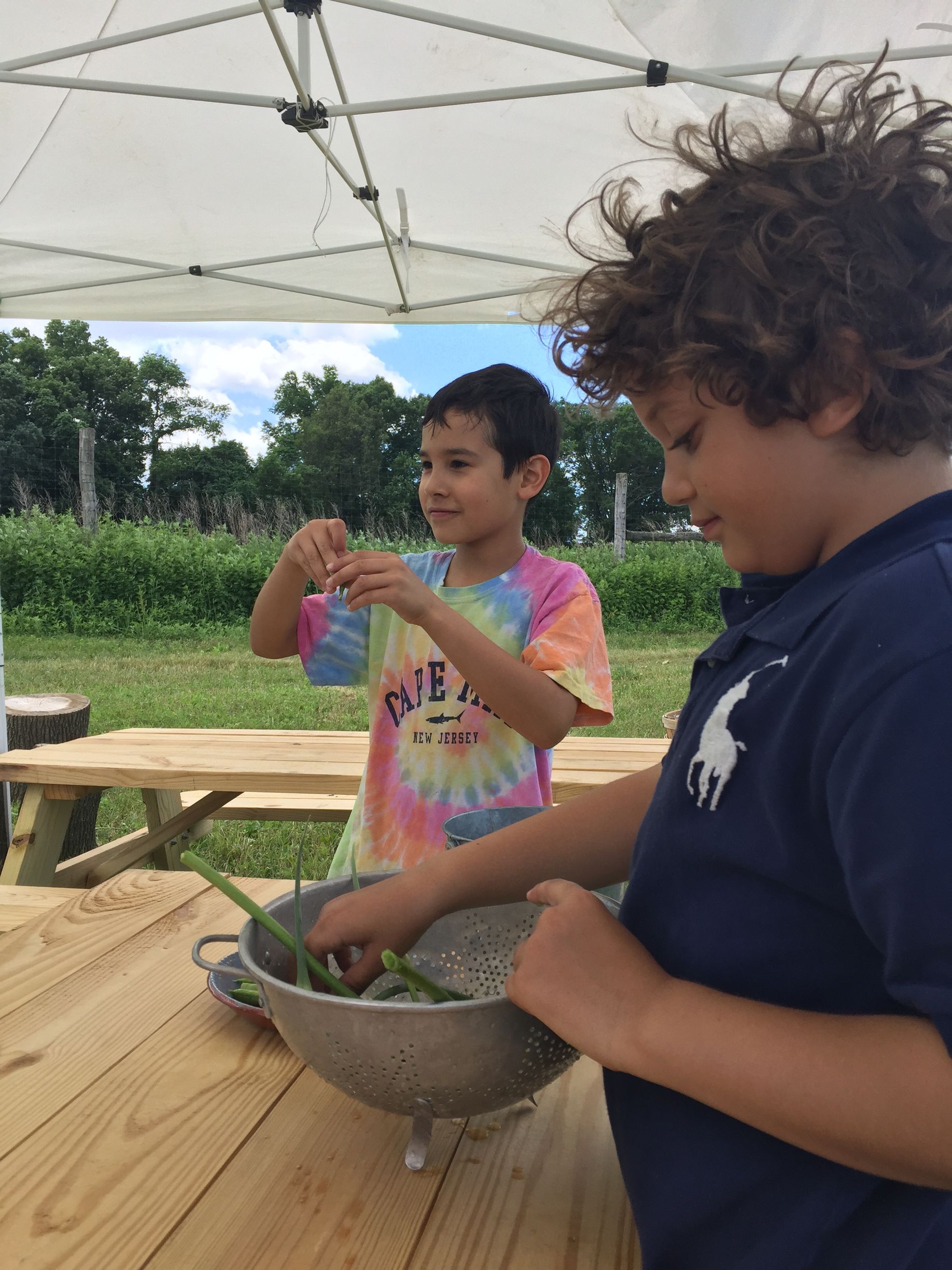 Two boys cleaning vegetables at a wooden table outdoors under a white canopy. One boy in a tie-dye shirt holds a green onion.
