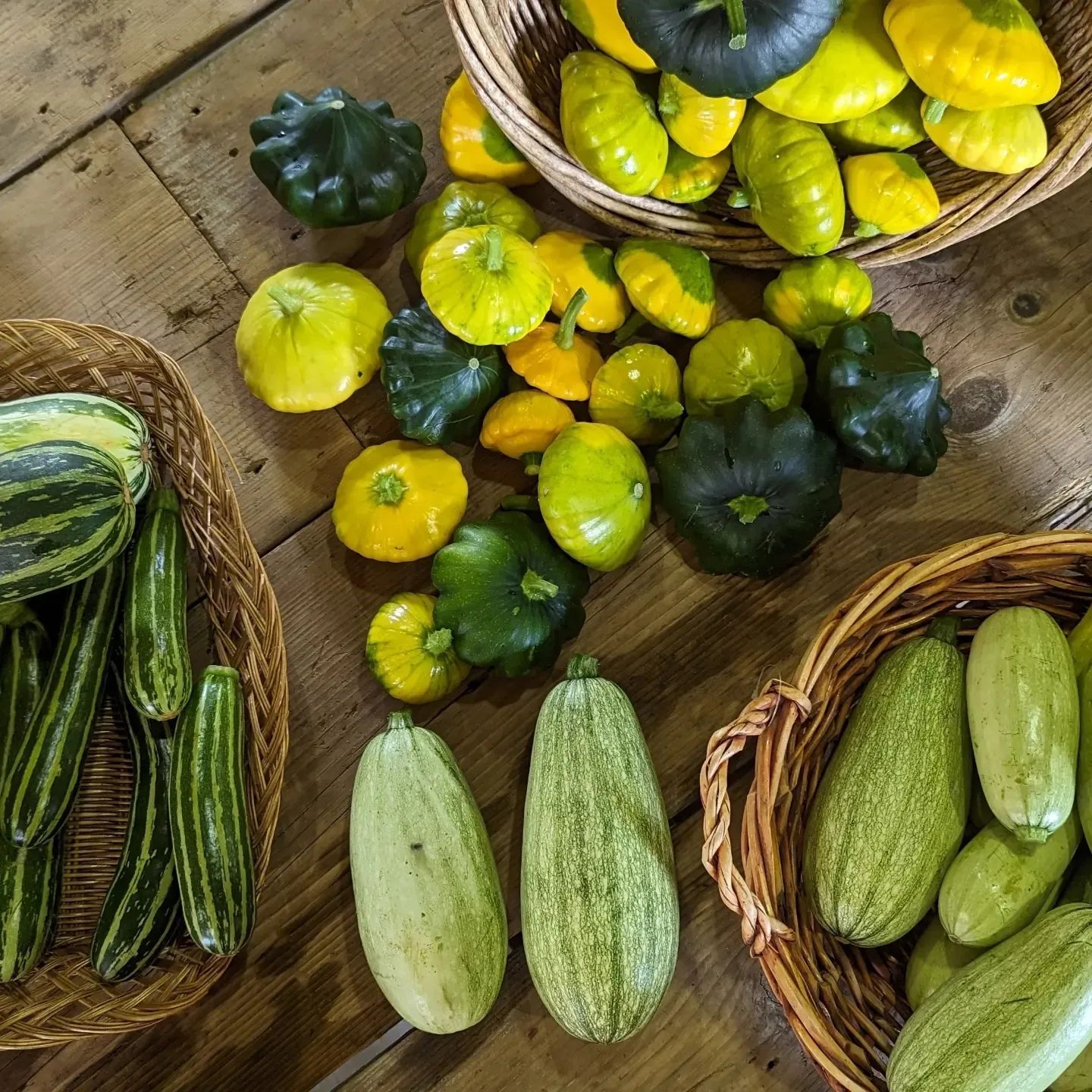 Baskets overflowing with various squash: yellow, green, and striped. Arranged on a wooden surface.
