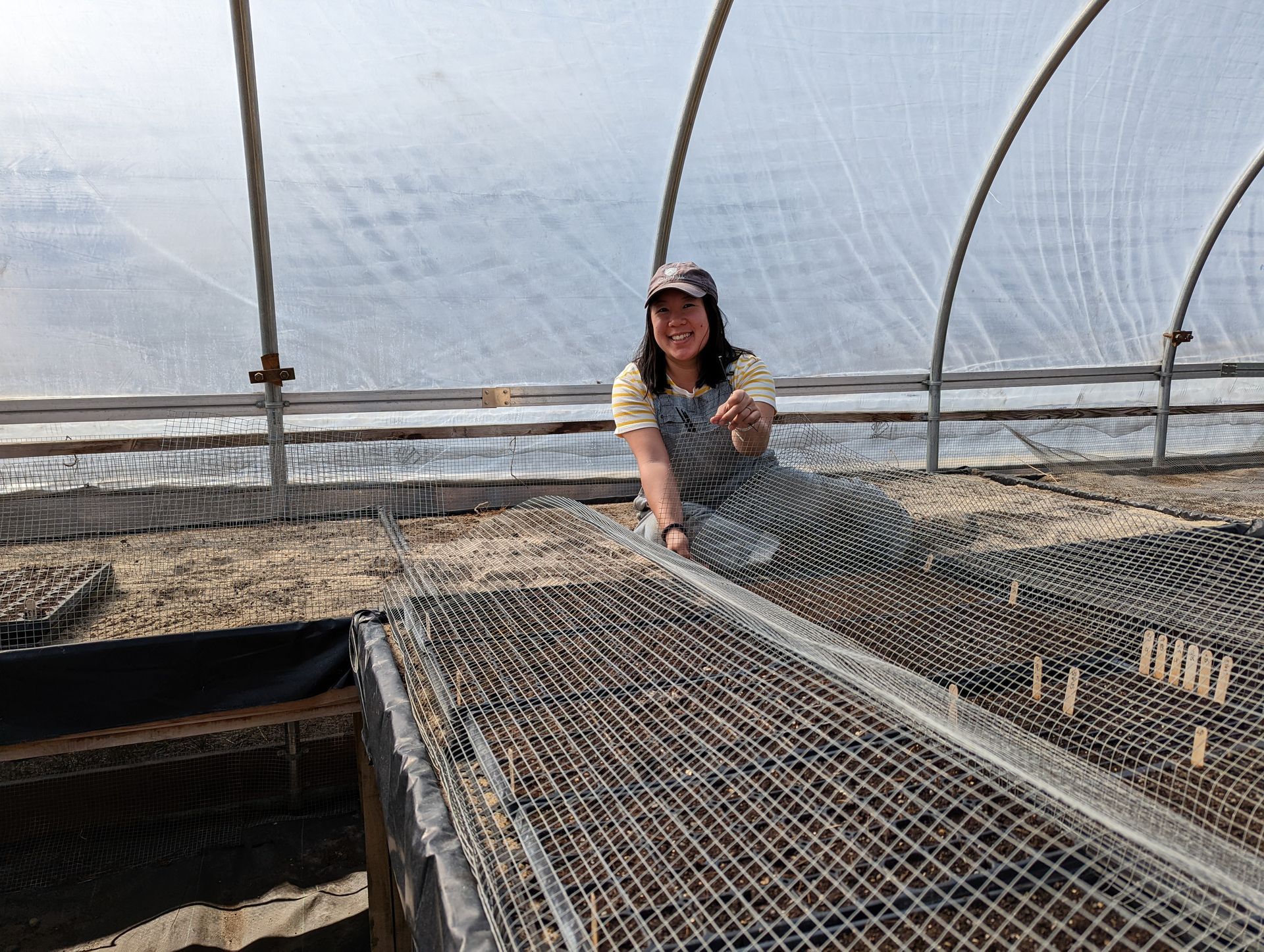 Woman in greenhouse pointing at seedlings.