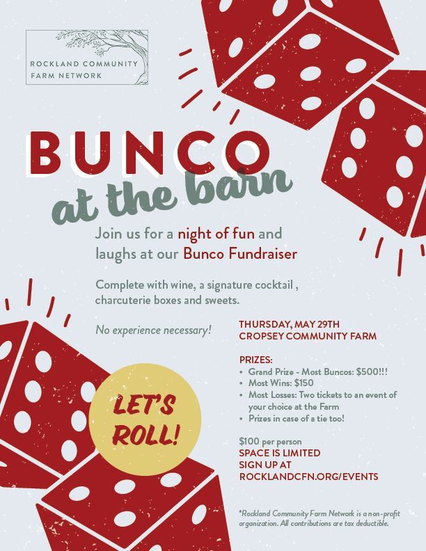 Bunco fundraiser at the barn, with dice and text. Includes date, location, prizes, and sign-up details.