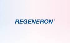 Regeneron logo in blue on a gradient white and pink background.