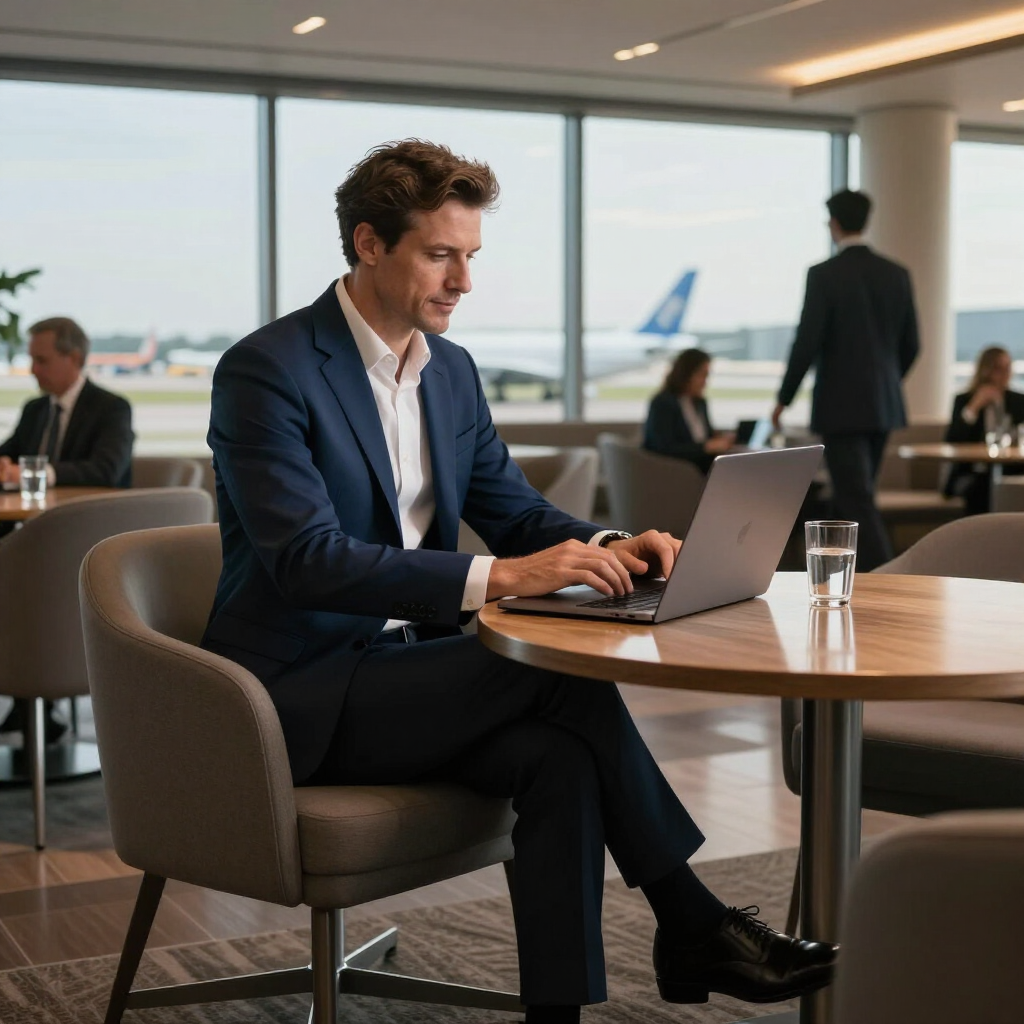 Un hombre teclea en un portátil en una mesa de una moderna sala de espera de aeropuerto, con aviones a la vista en el exterior.