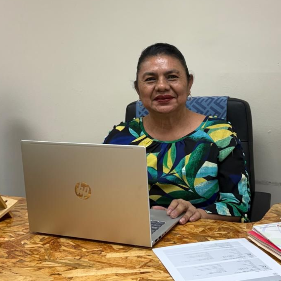 Mujer sentada en un escritorio, sonriendo detrás de una computadora portátil en un entorno de oficina.