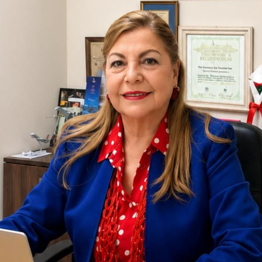 Mujer con chaqueta azul y blusa roja de lunares sentada en una oficina, sonriendo a la cámara.