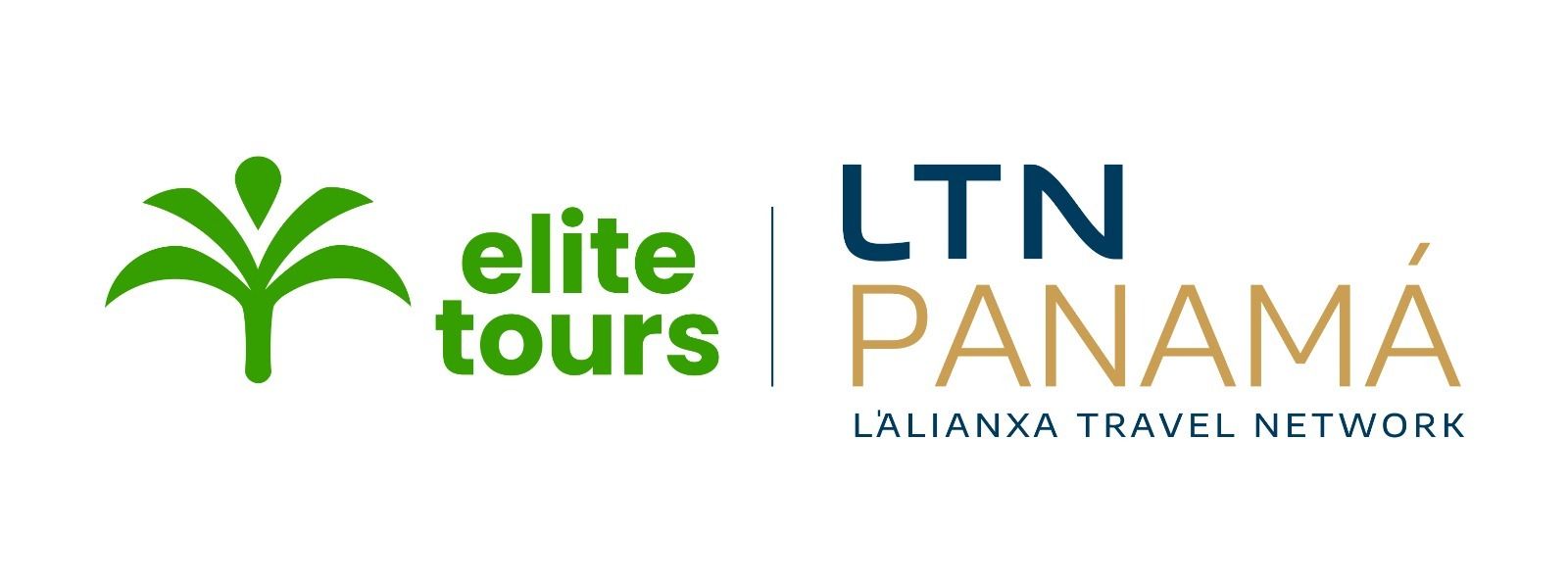 Logotipos de Elite Tours y LTN Panamá sobre un fondo blanco, con texto verde y dorado.