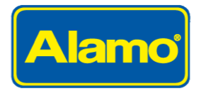 Logotipo de Alamo en texto amarillo sobre un rectángulo azul redondeado con borde amarillo.