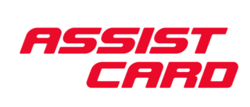 Logotipo de ASSIST Card en texto rojo cursiva y negrita sobre fondo blanco.