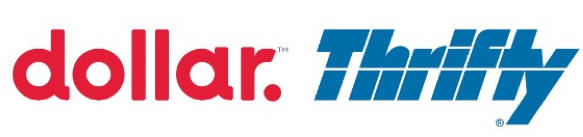 Logotipo de Dollar Thrifty en texto rojo y azul sobre un fondo blanco.