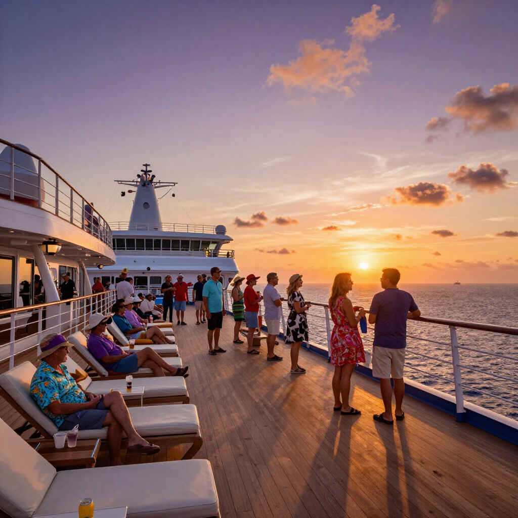 Cubierta de un crucero al atardecer con pasajeros contemplando el océano y el cielo.