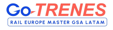 Logotipo de Go-TRENES en azul y naranja con el subtítulo “Rail Europe Master GSA LATAM”