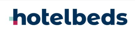 Logotipo de Hotelbeds en azul oscuro y turquesa sobre fondo blanco.