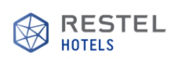 Logotipo de Restel Hotels con icono geométrico azul y texto gris azulado.
