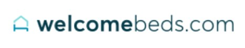 Logotipo de WelcomeBeds con un icono de una casa color turquesa y texto azul verdoso