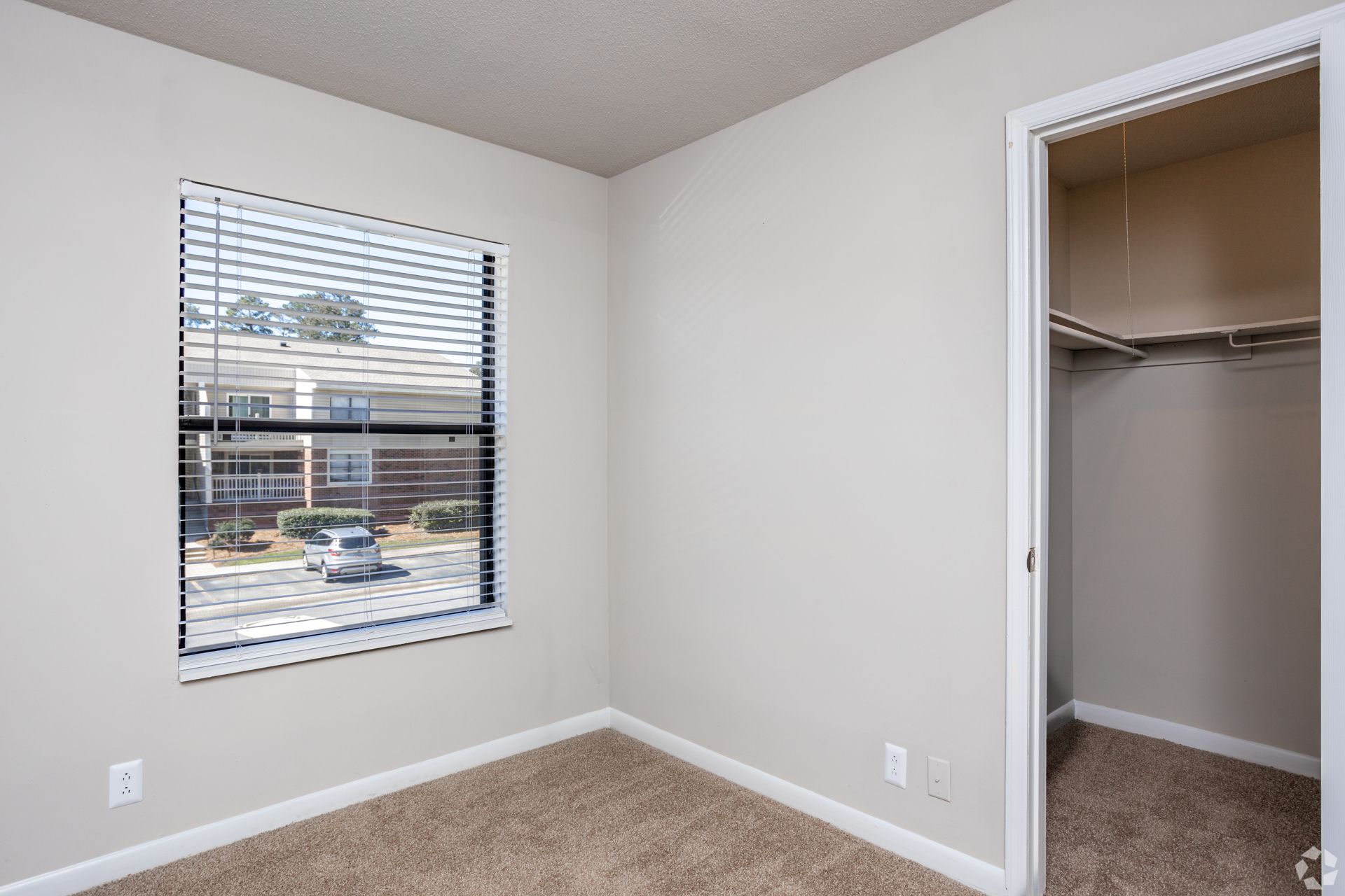 Empty room with beige carpet, light-colored walls, a window with blinds, and an open closet.
