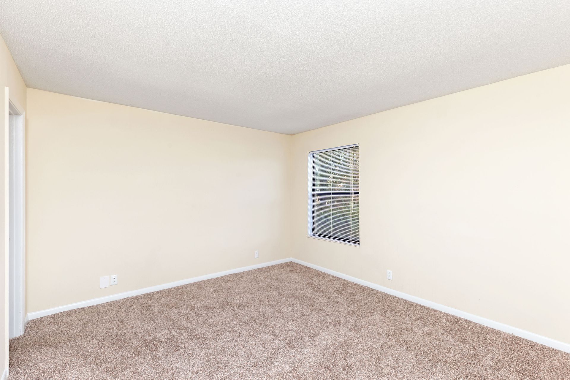 An empty room with light beige walls, brown speckled carpet, a textured white ceiling, and a window with white blinds.