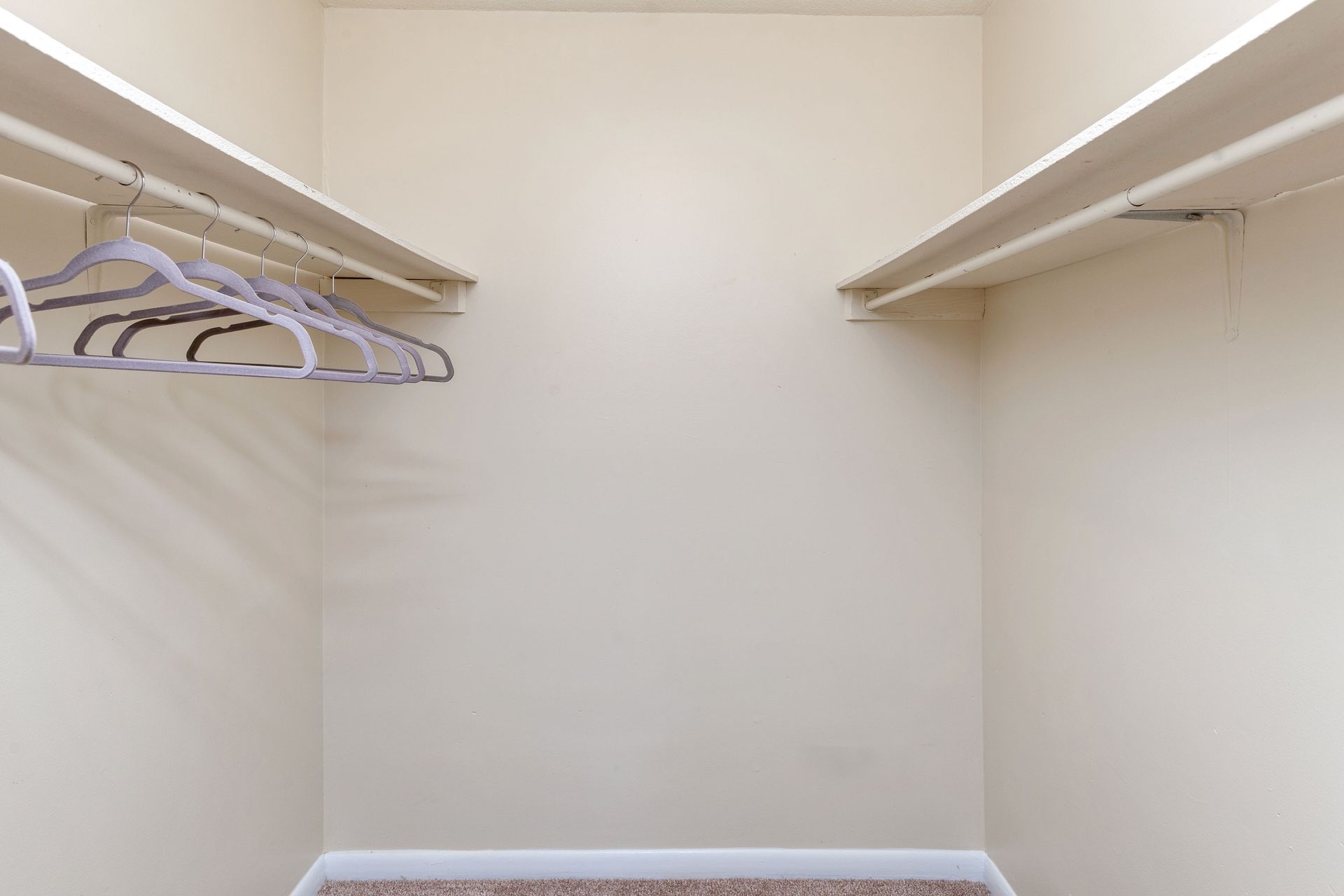An empty walk-in closet with beige walls, white shelving, and several empty clothes hangers on the left side.