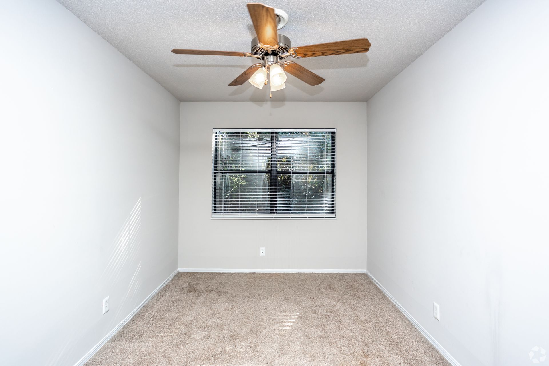 An empty room with neutral walls, carpeted floors, a single window with blinds, and a ceiling fan with light fixtures.