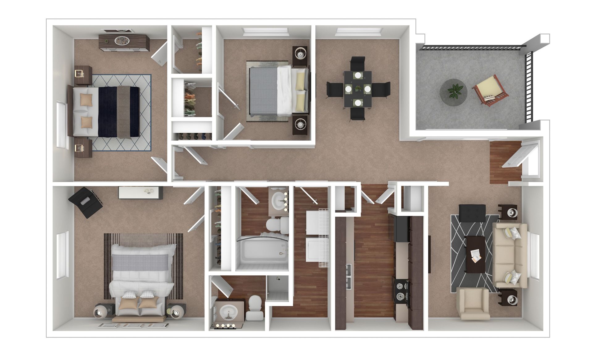 Top-down 3D floor plan of a two-bedroom apartment with a living area, dining space, two bathrooms, and a balcony.