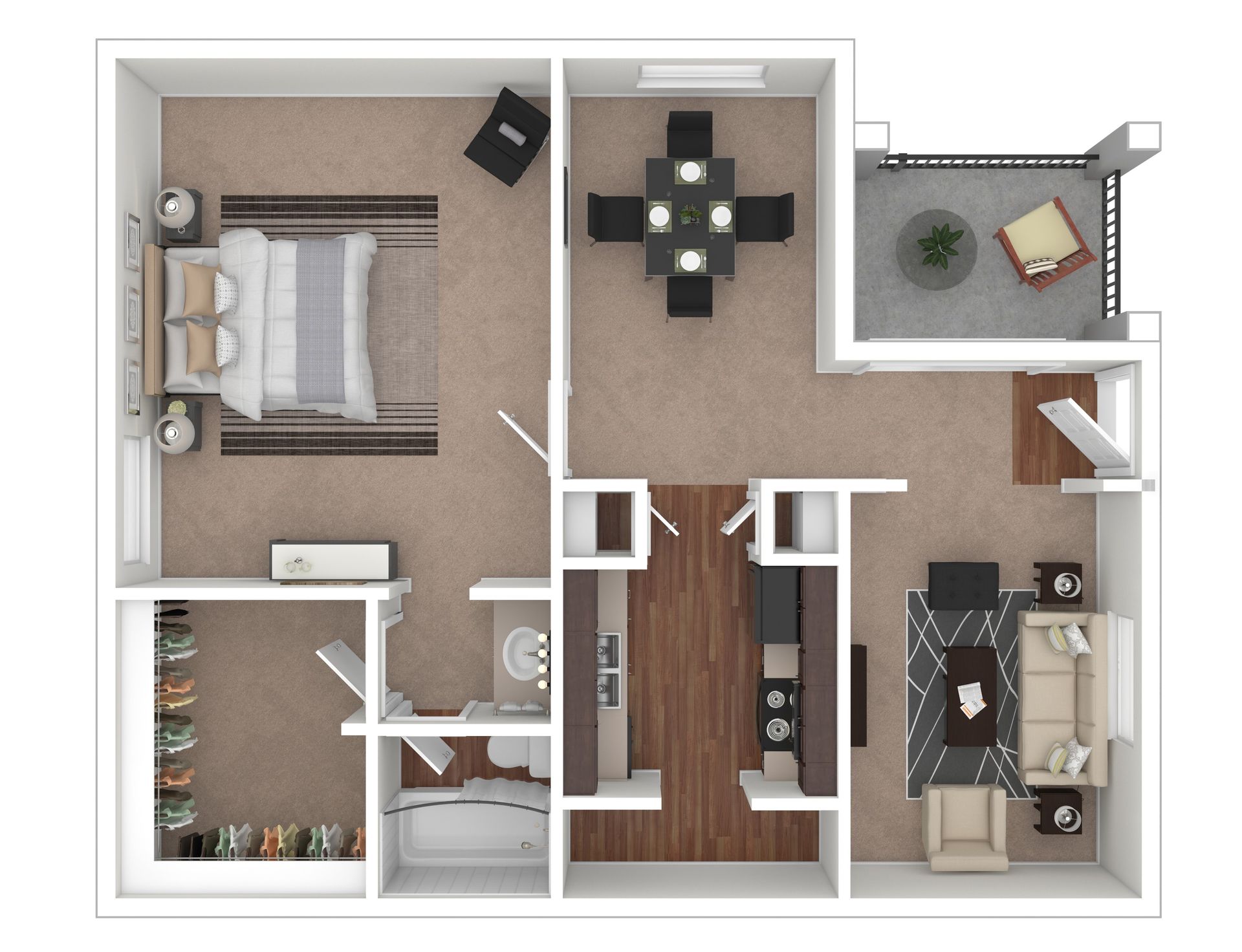 A 2D floor plan of a one-bedroom apartment with a living room, dining area, kitchen, bathroom, walk-in closet, and balcony.