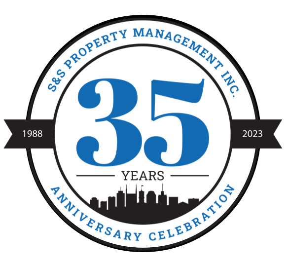 A blue and black circular logo for S&S Property Management Inc.’s 35th anniversary, featuring a city skyline silhouette.