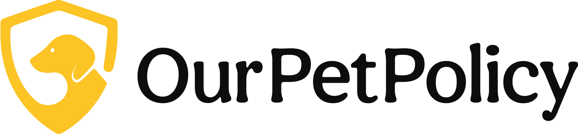 The OurPetPolicy logo features a yellow shield icon containing a stylized dog silhouette next to the black text.