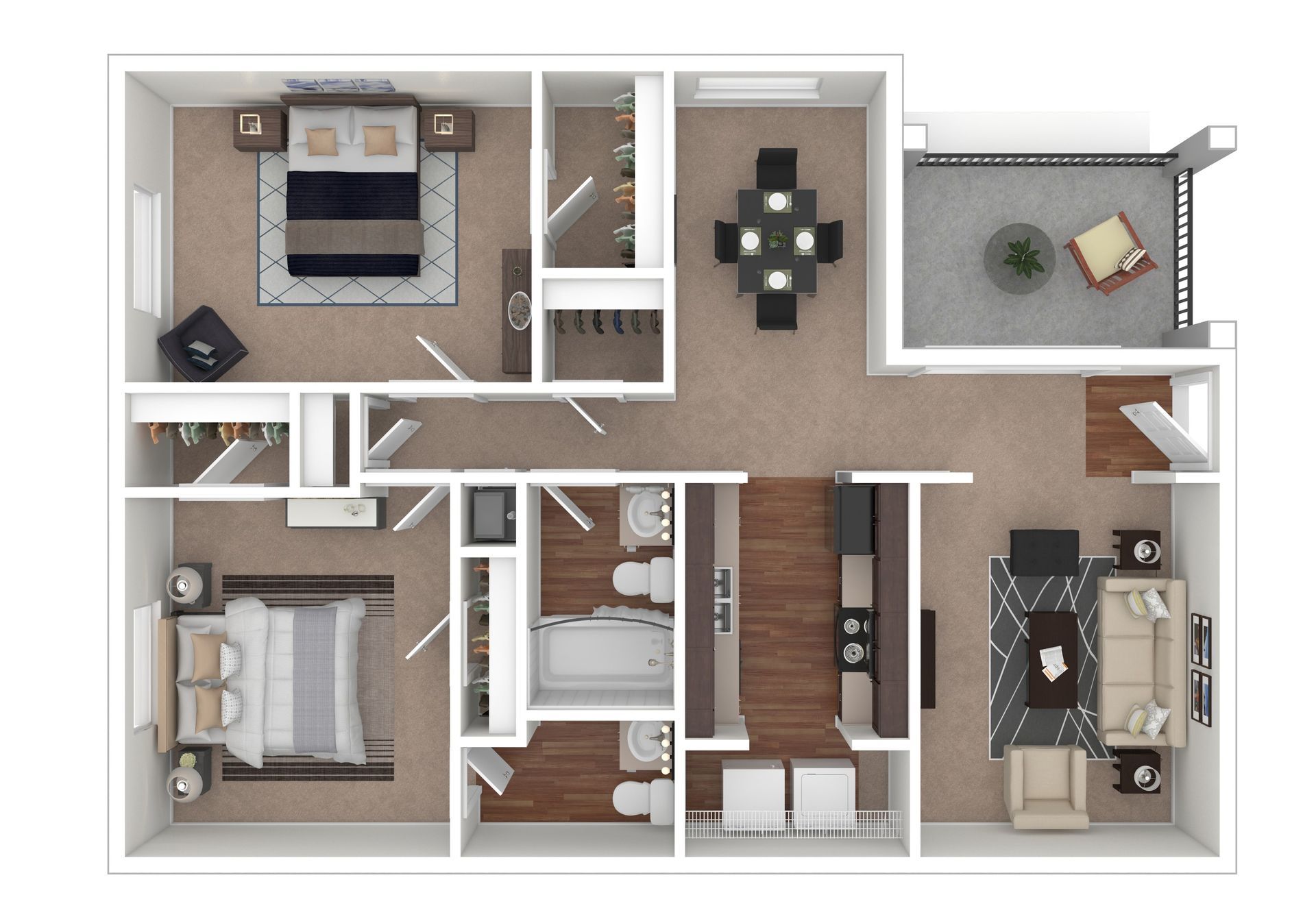 A 2D floor plan of a two-bedroom apartment, featuring a dining area, kitchen, living room, two bathrooms, and a balcony.