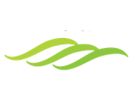 A logo featuring three overlapping, horizontal wavy shapes in varying shades of light and lime green.