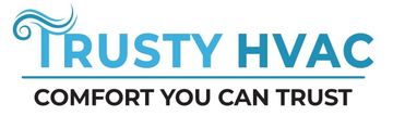 Trusty HVAC logo with blue wave icon and slogan “Comfort You Can Trust”