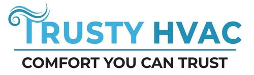Trusty HVAC logo with blue wave icon and slogan “Comfort You Can Trust”