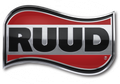 RUUD logo in bold black letters on a red and silver wavy background