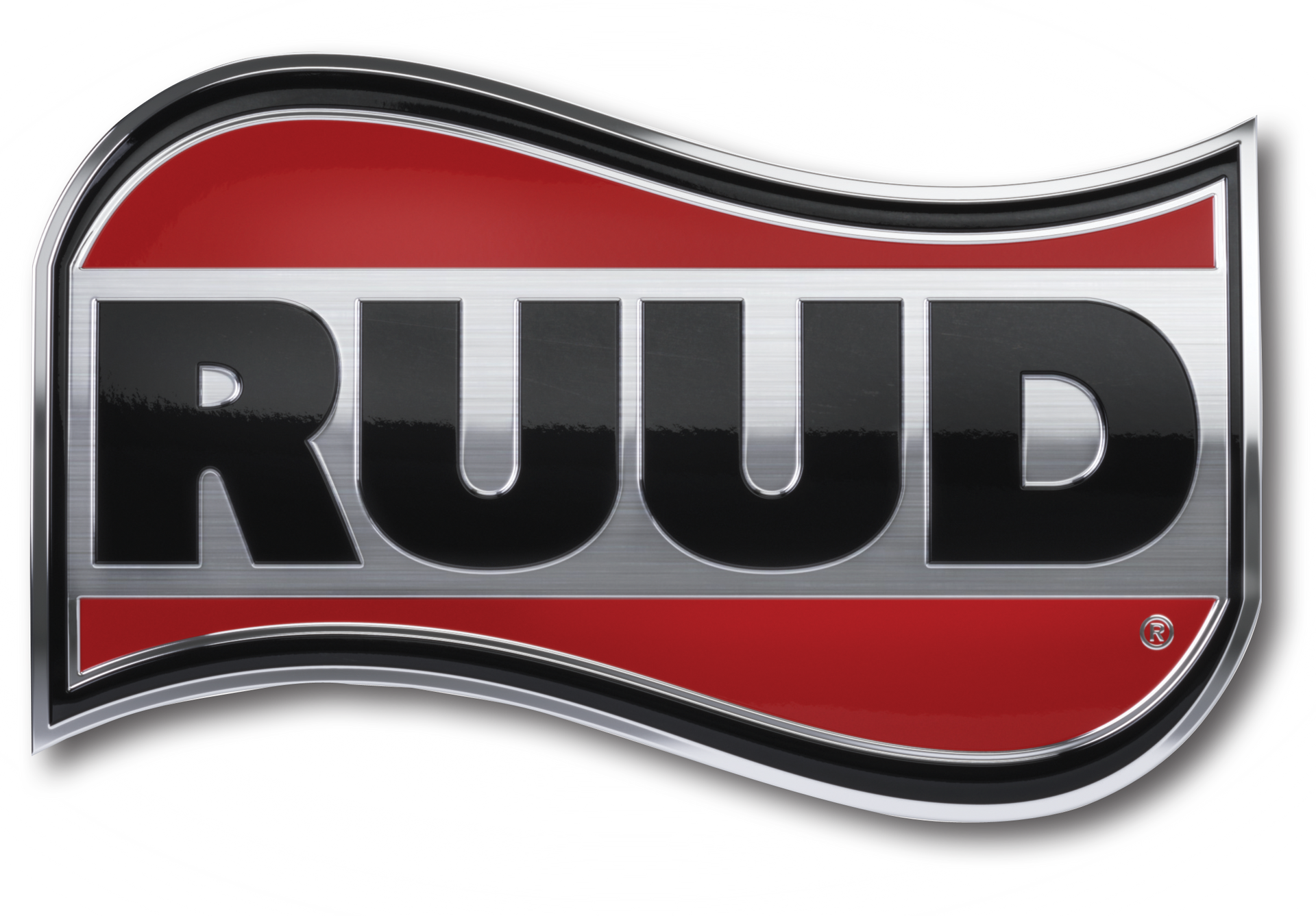 RUUD logo in bold black letters on a red and silver wavy background