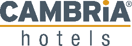 Cambria Hotels logo with dark gray text and orange accent line over a light background