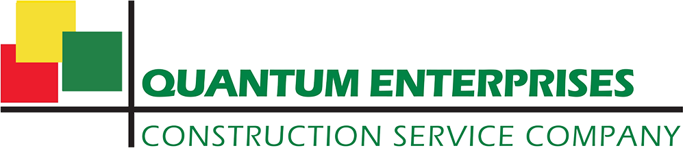 Quantum Enterprises construction service company logo with green and red text and geometric icon