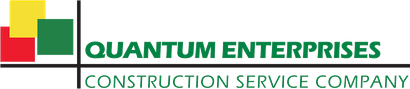 Quantum Enterprises construction service company logo with green and red text and geometric icon