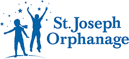 St. Joseph Orphanage logo with blue text and silhouettes of two children, one with raised arms