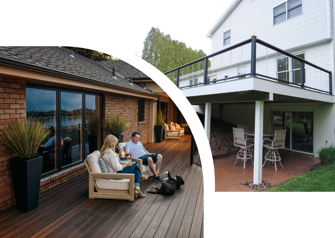 A couple is sitting on a deck next to a house.