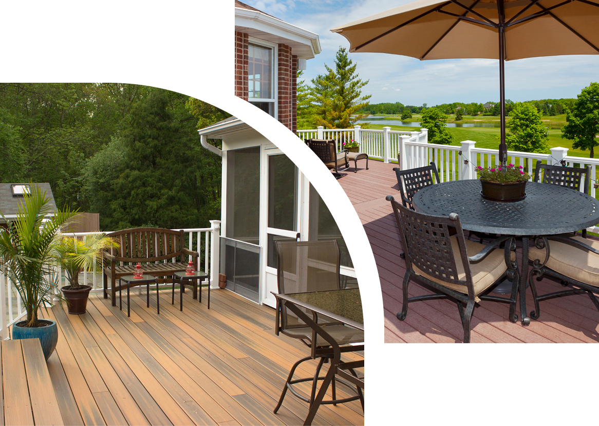 A deck with a table and chairs and an umbrella