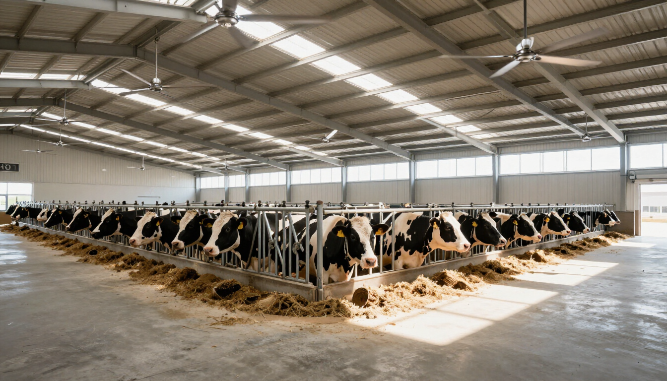 Modern dairy barn with fans