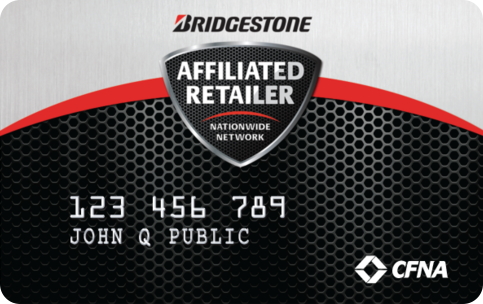 Bridgestone Affiliated Retailer card with black, red, and silver design and customer name/account number | GT Tire and Automotive