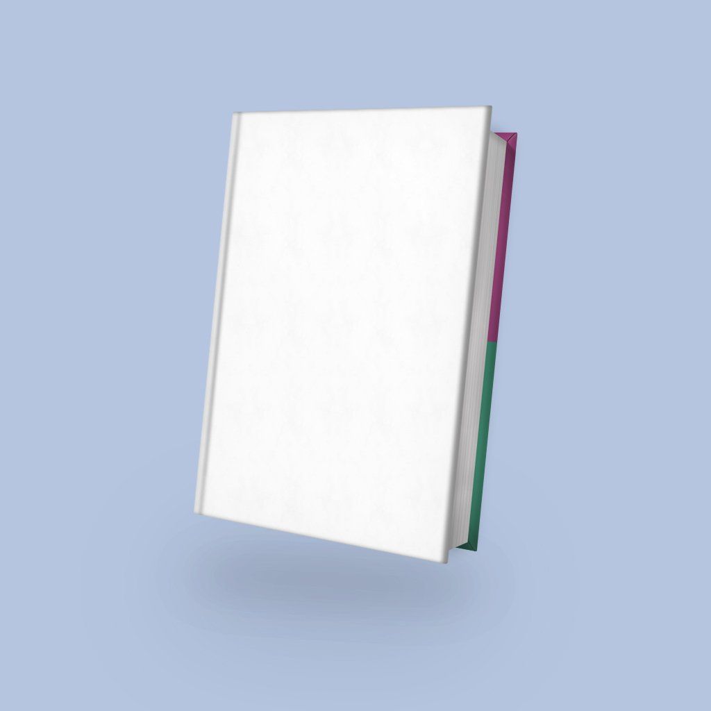 A white book is floating in the air on a blue background.