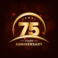 Gold “75 Years Anniversary” emblem on a dark red background with glowing lights and stars