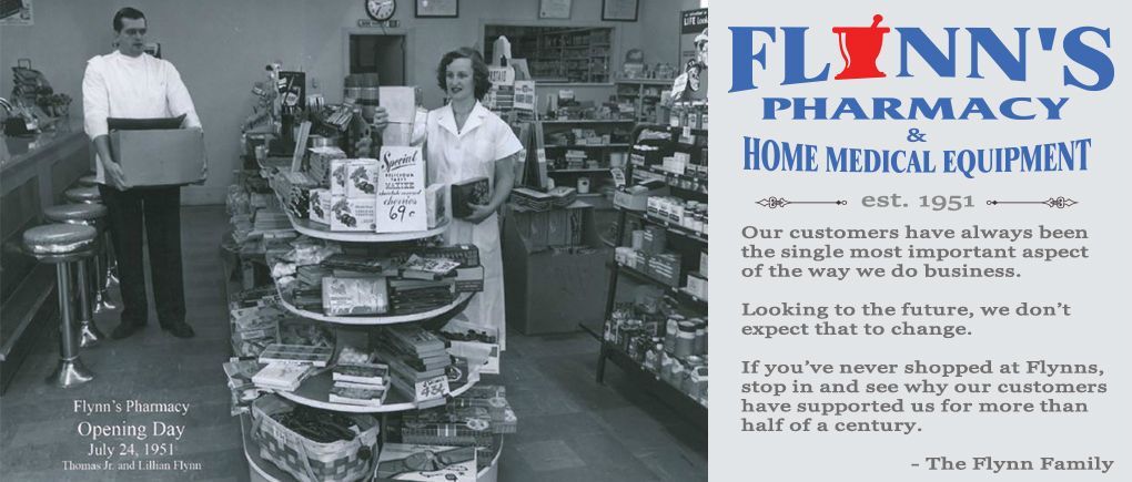 Vintage ad for Flynn's Pharmacy home medical equipment, showing a display counter and store interior.