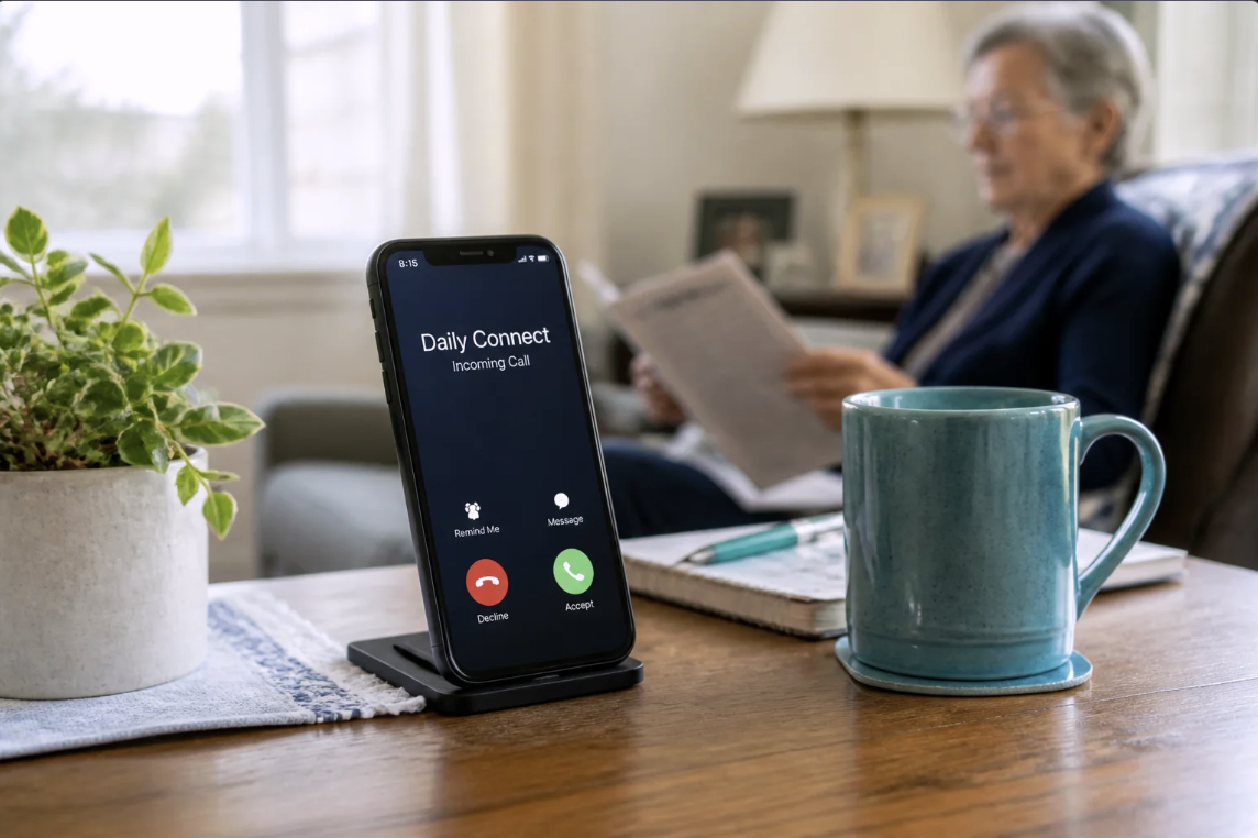 Smartphone on a table showing an incoming call beside a mug and plant, with a person reading in the background