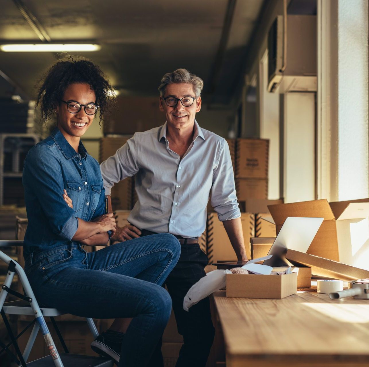 Two people smiling by a desk with open boxes, in an office. One person is sitting.