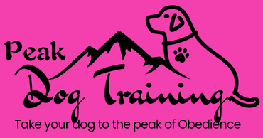 Pink logo: black silhouette of a dog, mountains, and text