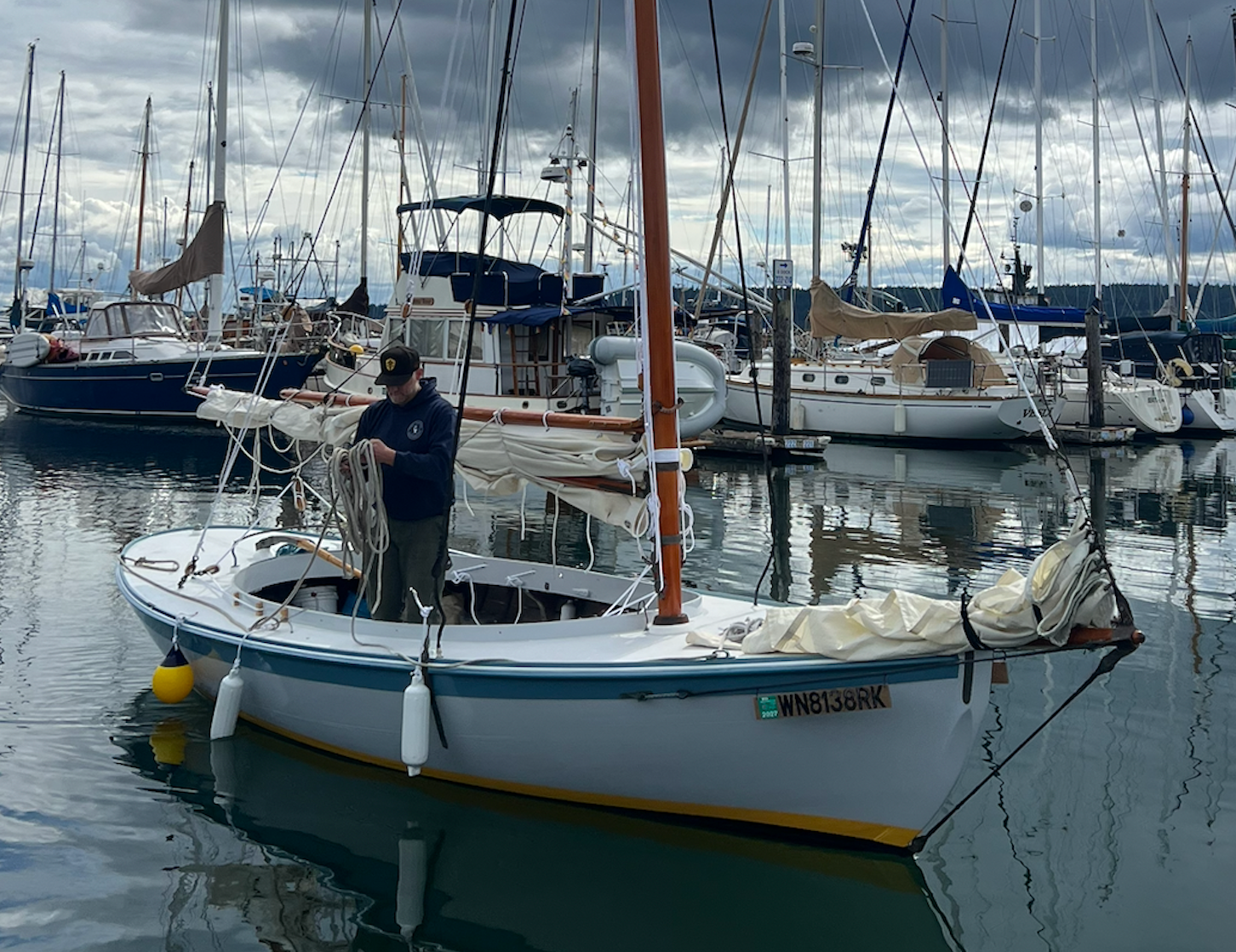 Brad aboard Tawaki on launch day after months of restoration.
