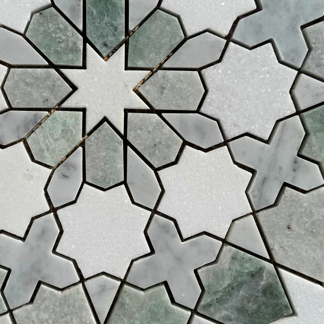 Geometric Tile Pattern in Green and White, With Star and Polygon Shapes — Stone Arc in Kincumber, NSW