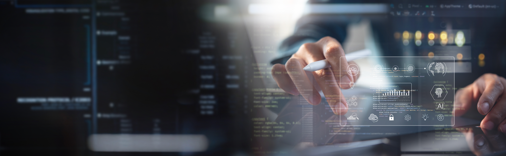 A person is using a tablet computer with a futuristic screen.